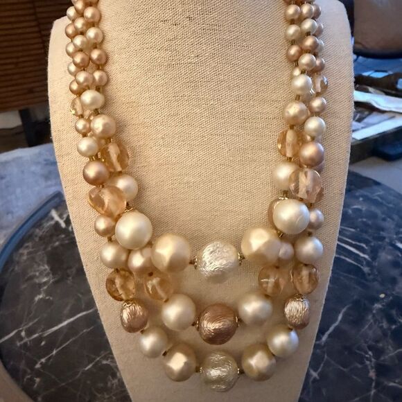 Vintage Triple Strand Japan Signed Faux Pearl, Crystal, Silk,Glass Bead Necklace - Picture 2 of 7